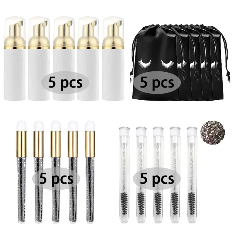 60ml Refillable Empty Plastic Pump Bottle Lash Extension Cleaning Kit Long Rod Brush Lash Curler Dust Tube EVA Storage Bag Tools