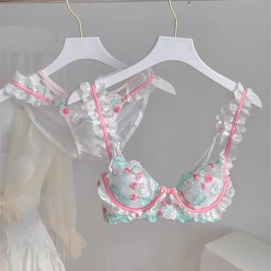 French Style Lace Embroidery Bra Set Women's Underwear Anti-Sagging Thin Design Sweet Pure Desire Wireless Comfortable Bandeau — image 1