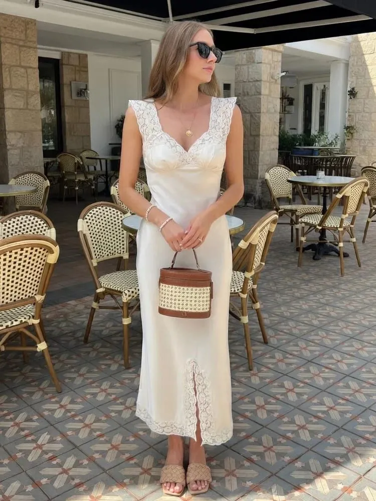 Tossy Fashion Satin Blonde Lang Kjole Kvinder V-hals Patchwork Hollow Out Ærmeløs Snøringskjole Aften Kvinde Efterår Maxikjole — image 2