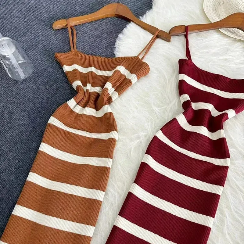 קיץ פס אלסטי Bodycon רצועת שמלת 2024 סקסית חוף שמלת קיץ נשים מקרית עיפרון דק Vestidos מקסי שמלה ארוכה