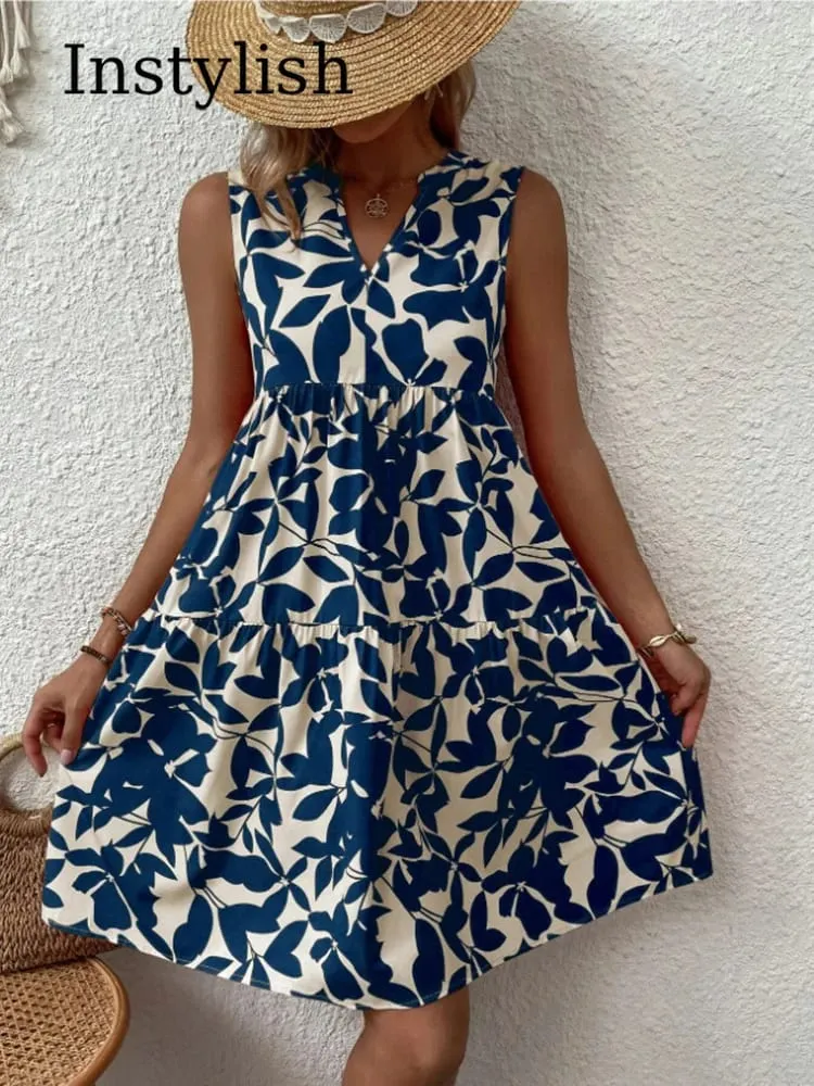 Dámské Boho potisk minišaty léto elegantní bez rukávů s výstřihem do V volán do tílka ležérní volné oversize plážové šaty na párty — image 3