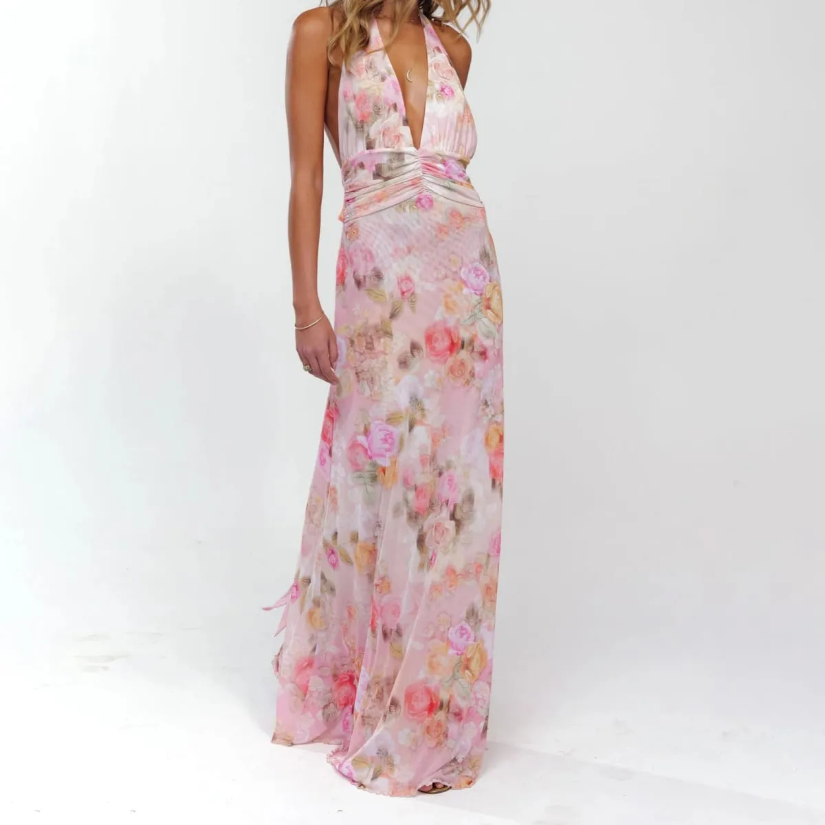 Combhasaki Women Summer Sleeveless Tie-up Halter Deep V-Neck Backless Flower/Dots Print Ruffle Hem Mesh Ruched A-line Long Dress