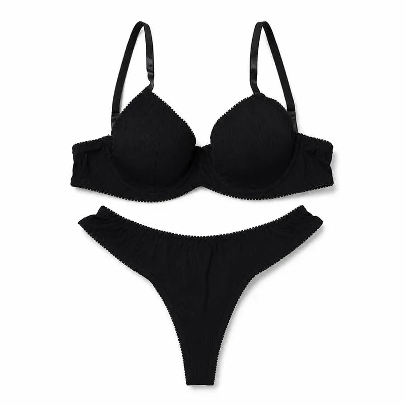 Kadınlar Katı Nervürlü iç çamaşırı seti Balenli Ince Fincan Sutyen Eşleşen Alçak Tanga Yumuşak Günlük Intimates