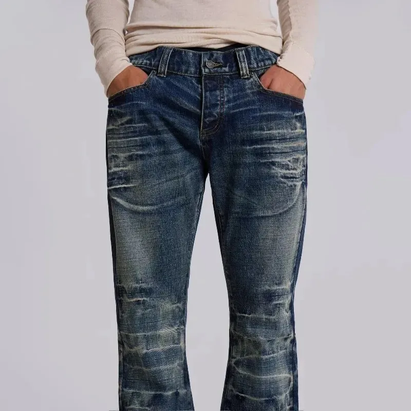 Mens Jeans Harajuku Y2K Streetwear Mid Blue Flared Denim Pants Vintage Washed Bootcut Wide Leg Loose Fit Gothic High Street New