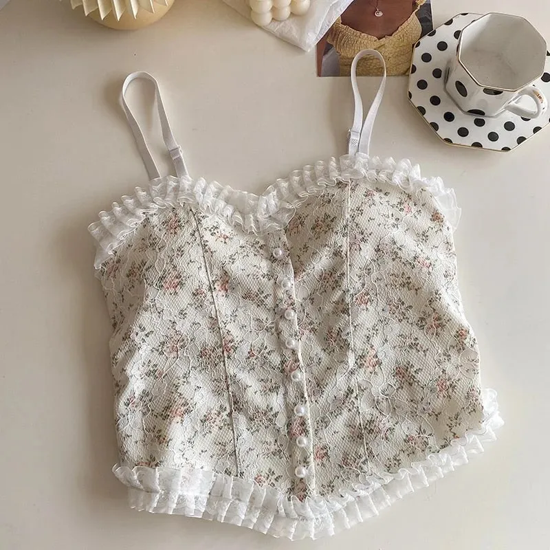 Summer Print Lace Crop Tops Women's Cropped Aesthetic Vest Y2K Corset Tank Top Camisole Vintage Tanks Camis Fashion Streetwear