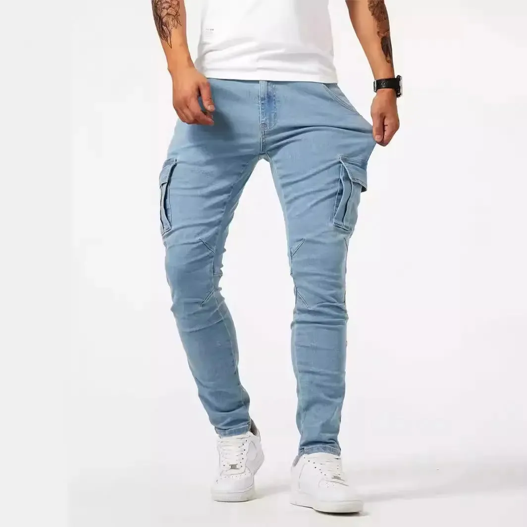 Men's street stretch denim jeans washed solid color multi pocket work pants casual slim fit daily wear jogging pants mid wa