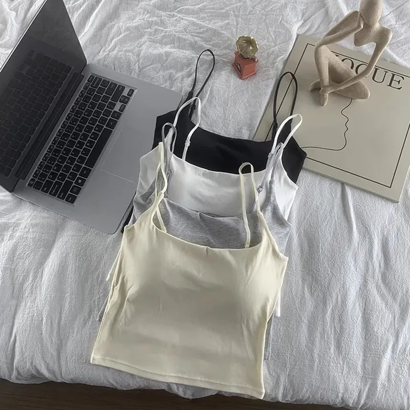 2026 Women With Built In Bra Spaghetti Strap Tanks Summer Camis Tank Casual Tops For Woman Solid Color Female Korean Style