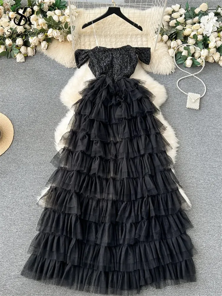High Quality Cake Dress Fashion Strap Sequin Pachwork Mesh Design Women Temperament Sleeveless Autumn Shiny Long Dress