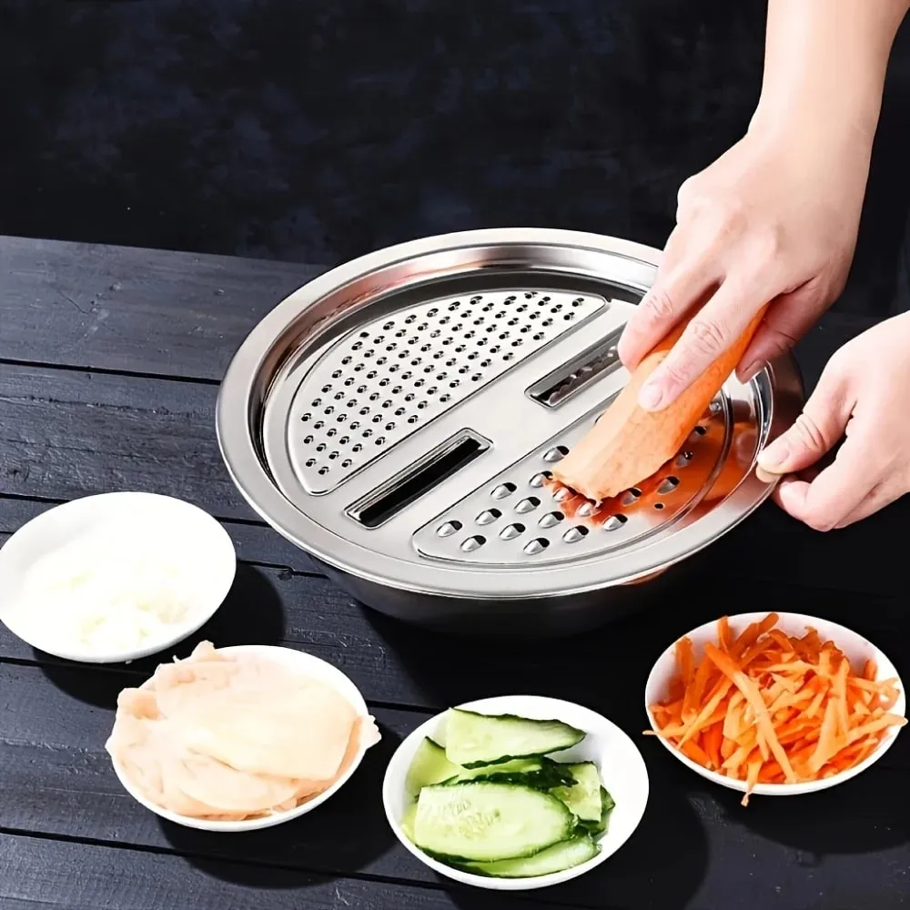 3pcs Stainless Steel Multi-Functional Kitchen Grater Set Draining Bowl with Vegetable Washing Mandoline Slicer for Potato