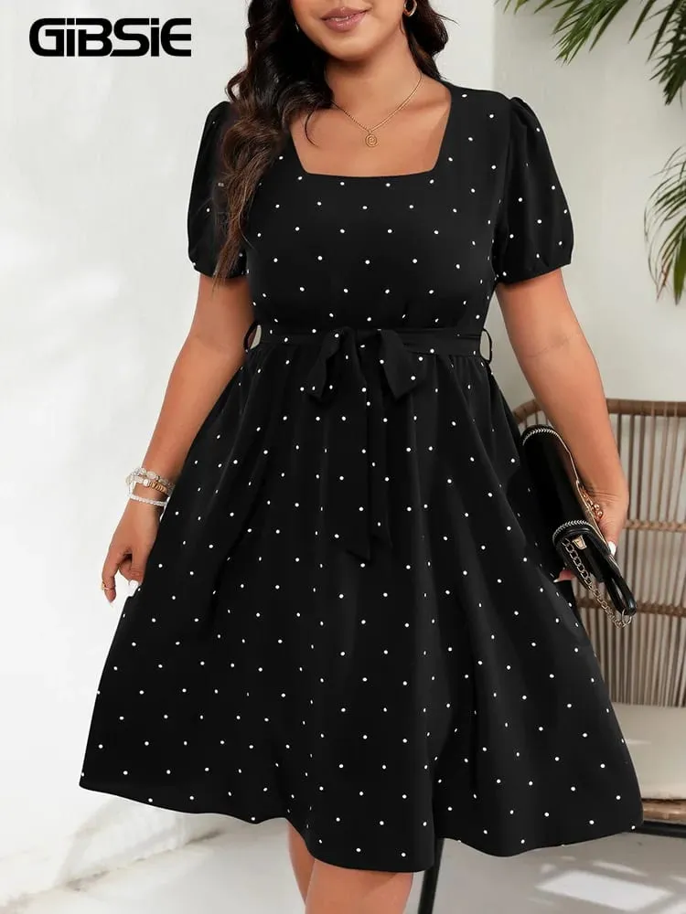 Plus Size Square Neck Polka Dot Bæltekjole Dame Elegant Retro Pufærmer Højtalje Sommer A-line Big Swing Kjoler