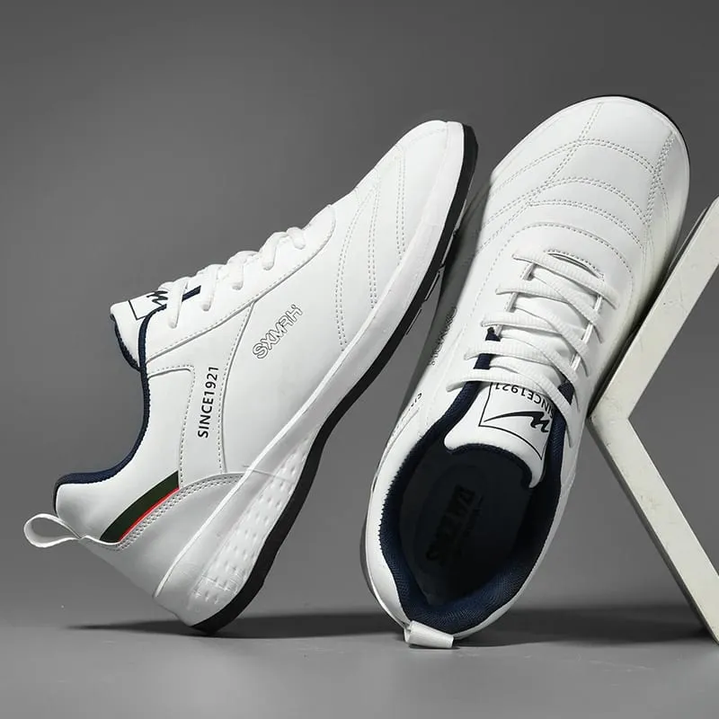 Double Star Men's White Leather Casual Sneakers Lightweight Breathable Non-slip Walking Sport Shoes