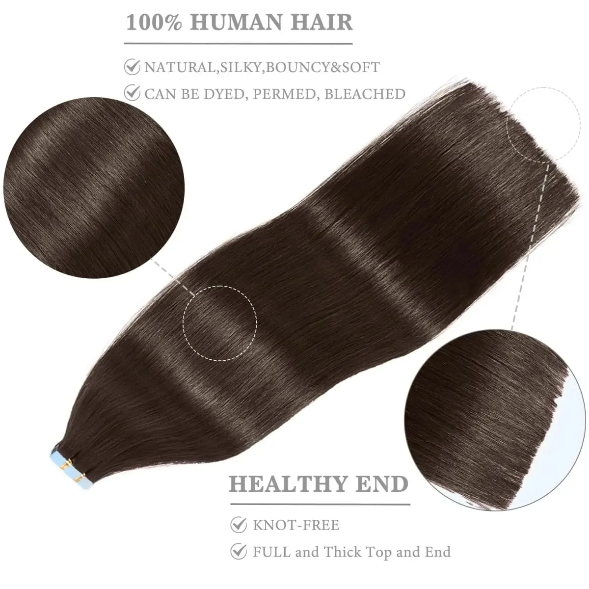 Dark Brown Tape in Hair Extensions Human Hair 18inch 50g 20pcs Seamless Remy Straight Hair Invisible Tape in Hair Extensions