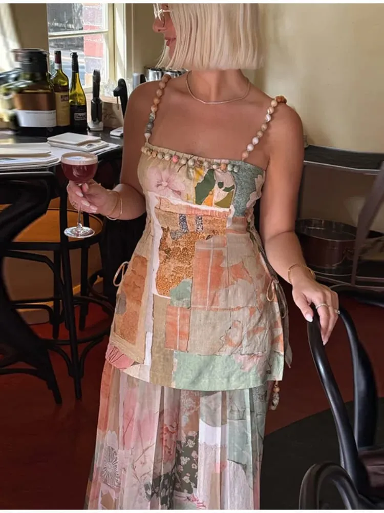 Vintage Women's Printed Beaded Sling Long Dresses Set Lace Up Slit Sleeveless Pleated A-line Dress 2026 Lady Beach Vestidoes