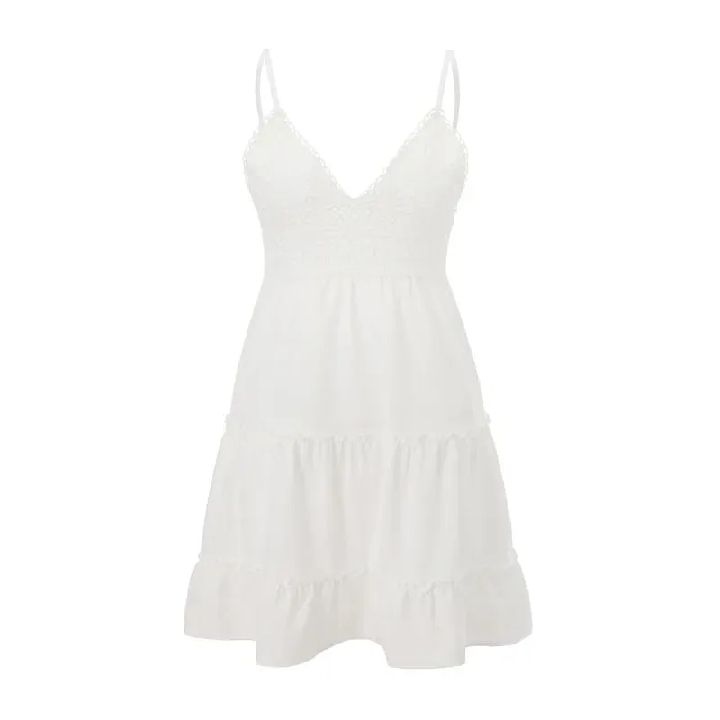 Summer Spaghetti Strap Dress Women Boho Embroidery Waisted Short Dresses Ladies A Line Backless Ruffled Lace Up Sling Dress