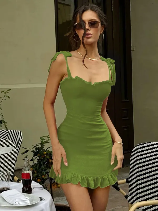 Hugcitar Elegant Solid Slips Ruffles Backless Bandage Patchwork Sexy Slim Mini Dress Summer Women Outfits Party Beach Festival