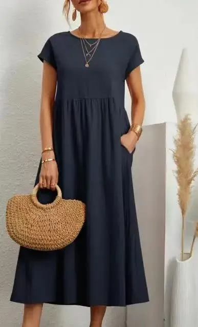 Premium Elegant Solid Cotton Linen Dress Summer Midi with Pockets Loose Fit Casual Crew Neck Short Sleeve for Beach Travel