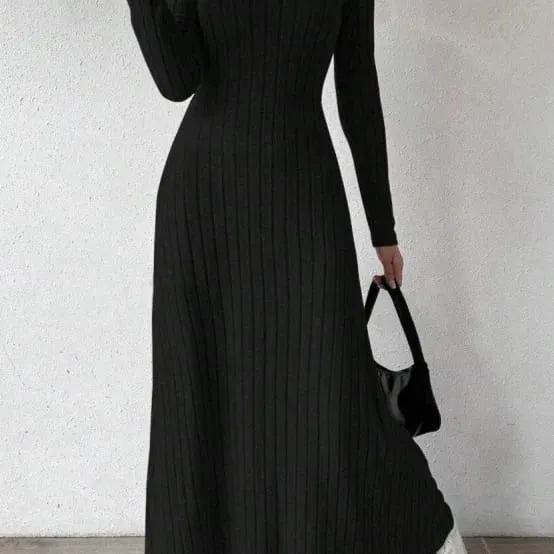 Fashionable Knitted Long Sleeve A-Line Dress Slim Fit Solid Color Street Style Women's Dress Comfortable Casual Elegant Commute