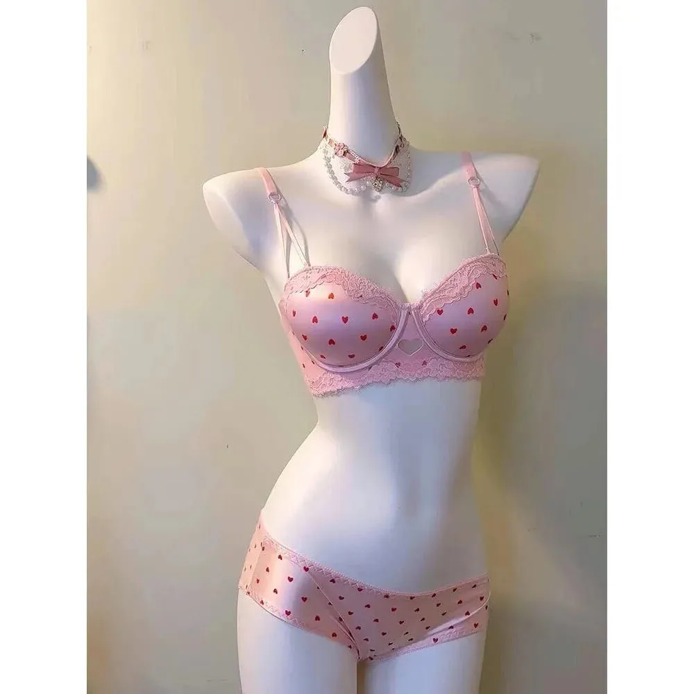 Set Celana Dalam Bra Renda Hati Manis Kawaii Koleksi Samping Payudara Kecil Push Up Pakaian Dalam Wanita Nyaman Anti Kendur Lingerie Ukuran 32-38 — image 1