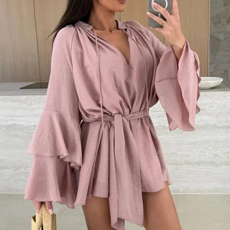 Xuân Hè Ren Rời Mini Váy Đầm Tay Loe Ngày Lễ Áo Cổ Chữ V Sâu Gợi Cảm Phối Ren Chắc Chắn Đầm Nữ vestidos