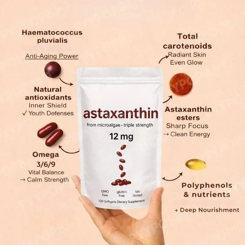 Astaxanthin 12mg with Fresh Microalgae Source Daily Nutritional Support Antioxidant Supplement 120 Softgels — image 2
