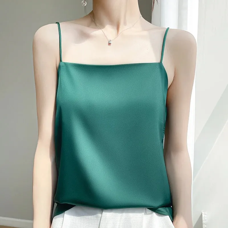 Silk Satin One-Shoulder Sexy Strap Vest Women's Sleeveless Suit Inner Wear Base Shirt Backless Commute Style Pure Color Summer
