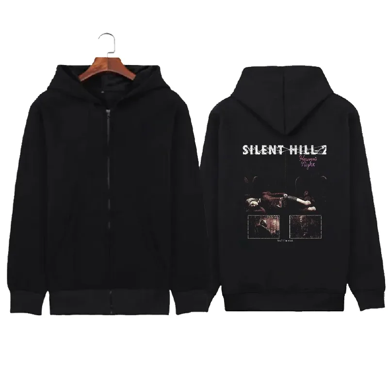 Anime Silent Hill 2 Pattern Print Graphic Zipper Hoodies Oversized Jacket Coat Sweatshirt Long Sleeves Cotton Men Women Clothing