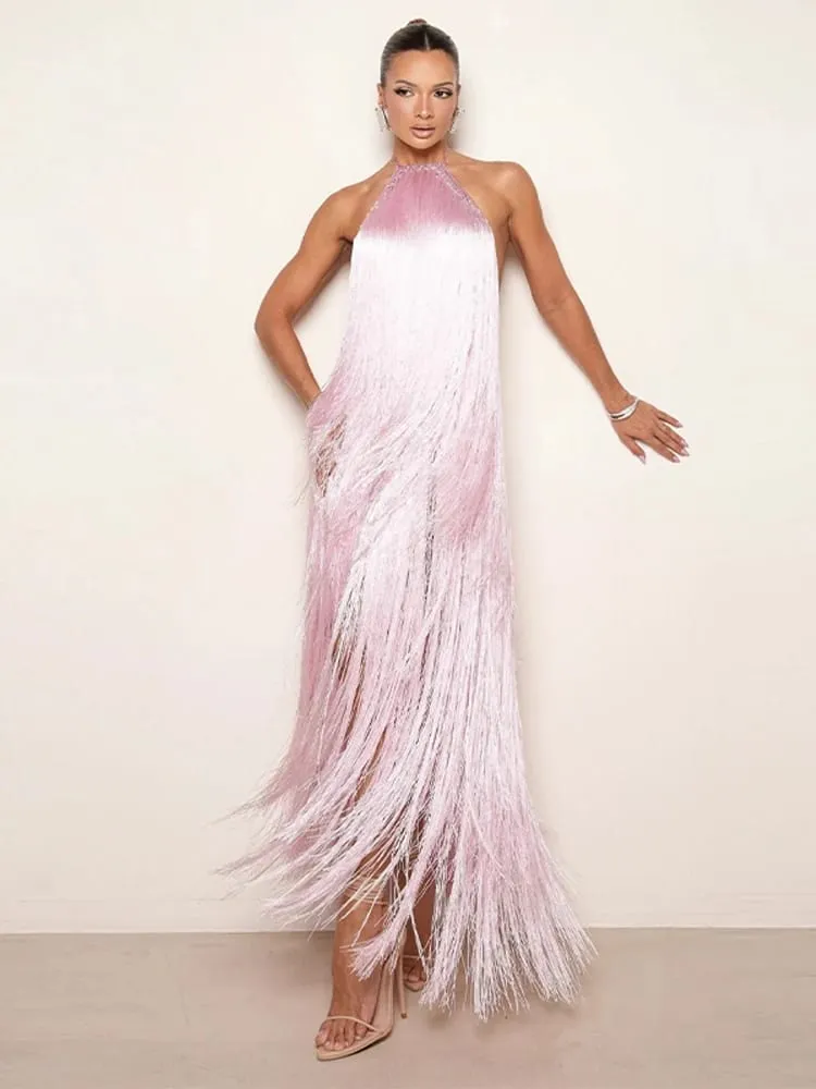Vestido de festa feminino halter sem mangas sem costas borla sólida feminino longo vestidos de férias 2026 moda verão elegante senhora robe