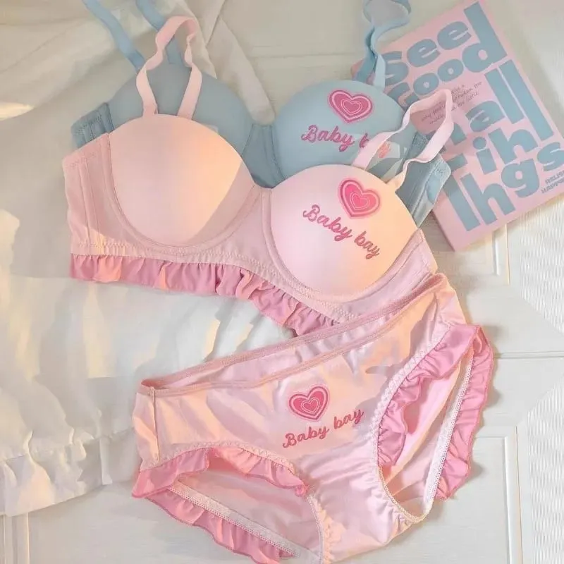 Lolita Inspired Lingerie Set for Small Chest Wireless Push Up Bralette to Enhance Curves Sweet Barbie Style Bra & Tushy Panty