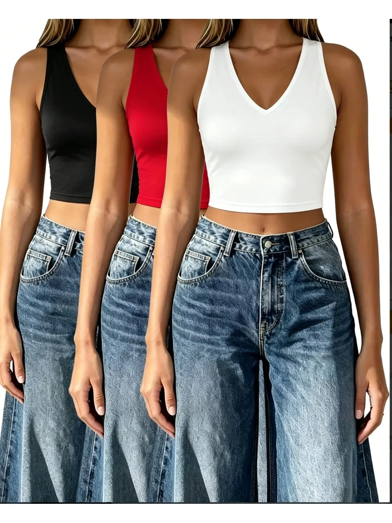 3PC Women's Casual Elegant Solid Color Short Cut with Belly Button V-Neck Sleeveless Vest Top Three Piece Set