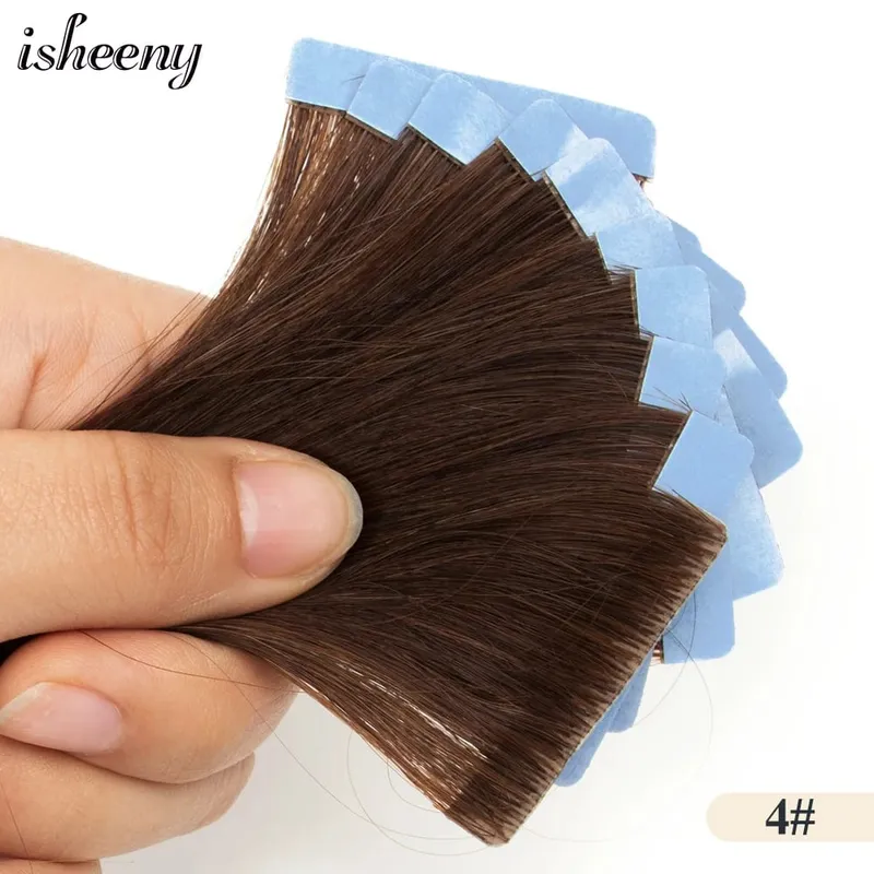 머리 확장에 Isheeny 보이지 않는 테이프 12 "16" 20 "피부 Weft 테이프 Ins 10pcs 자연 스트레이트 기계 레미 인간의 머리카락 제작 — image 10