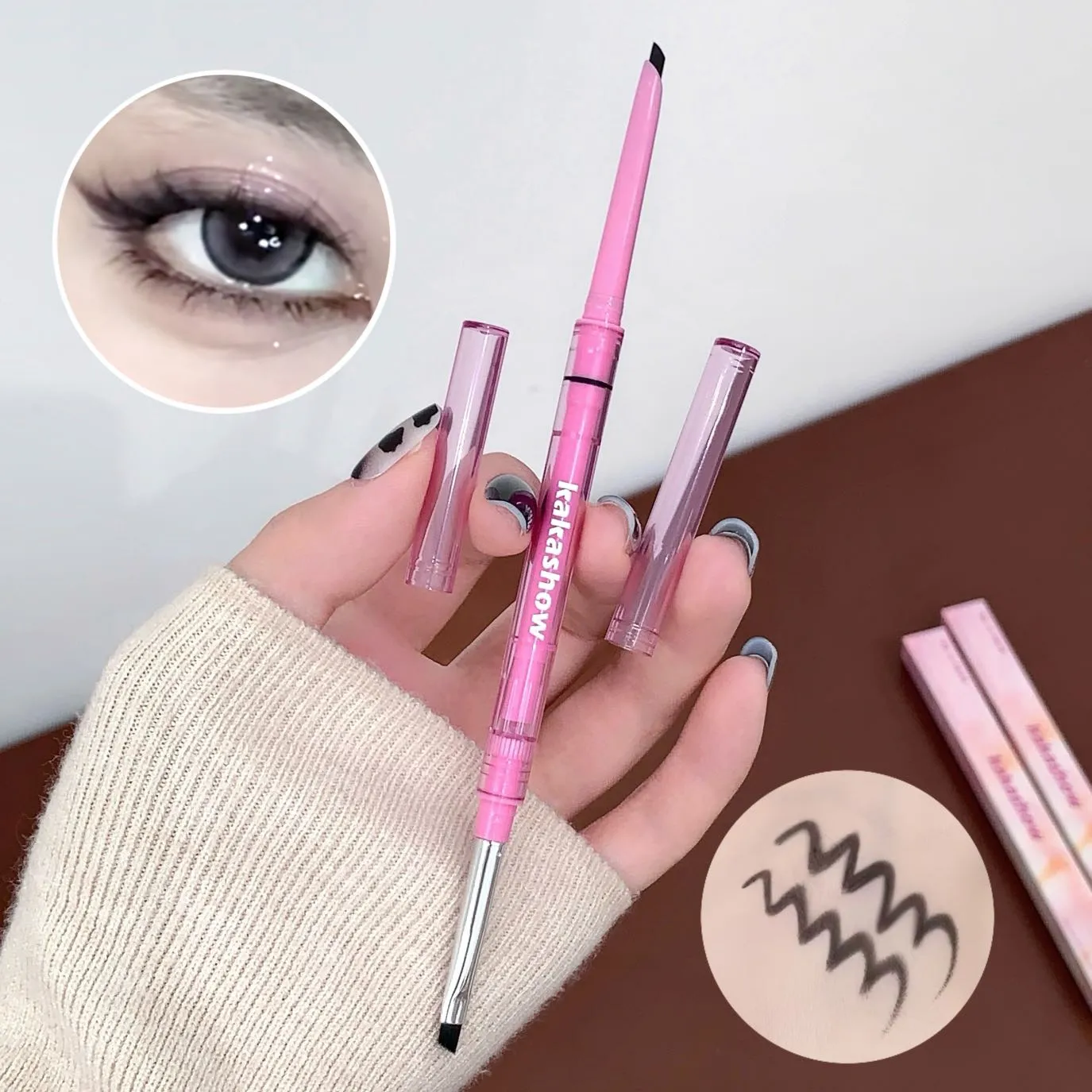 Double-headed Natural Black Eyeliner Gel with Brush Smudge-Proof Waterproof Creamy Smooth Rose Pink for Brows & Under Eye Makeup