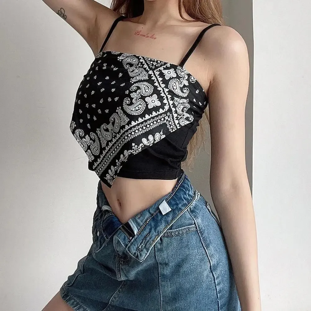 Spagetti Kayışı Tank Top Seksi Backless Kaşkorse Baskılı Bluz Yaz Zarif Parti Kadın Camiş Kore Tarzı Seksi Kısa Üst