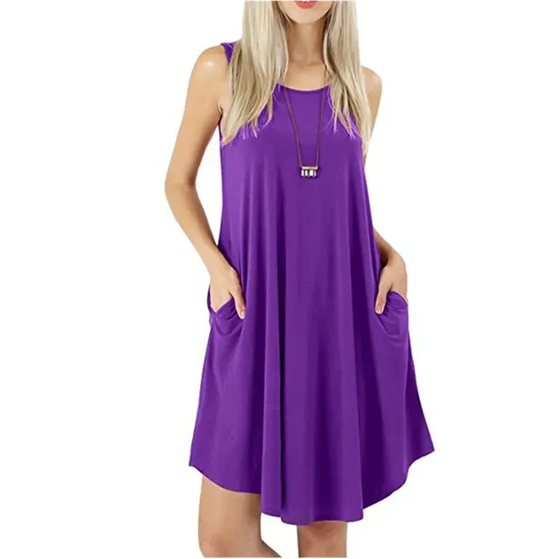Women Black Blue Dresses Summer Casual Sleeveless Round Neck Long T Shirt Dresses Sundress Beach Tank Loose Pockets Dress