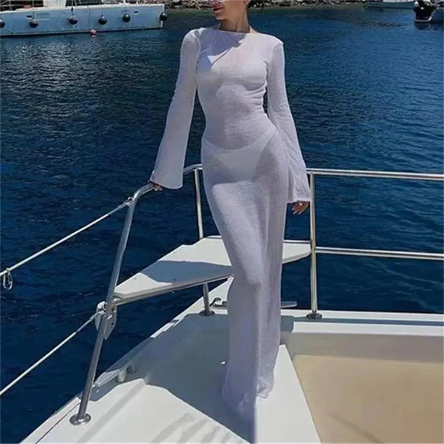 女夏網紗裹身洋裝長袖圓領透視防曬純色露背沙灘長裙