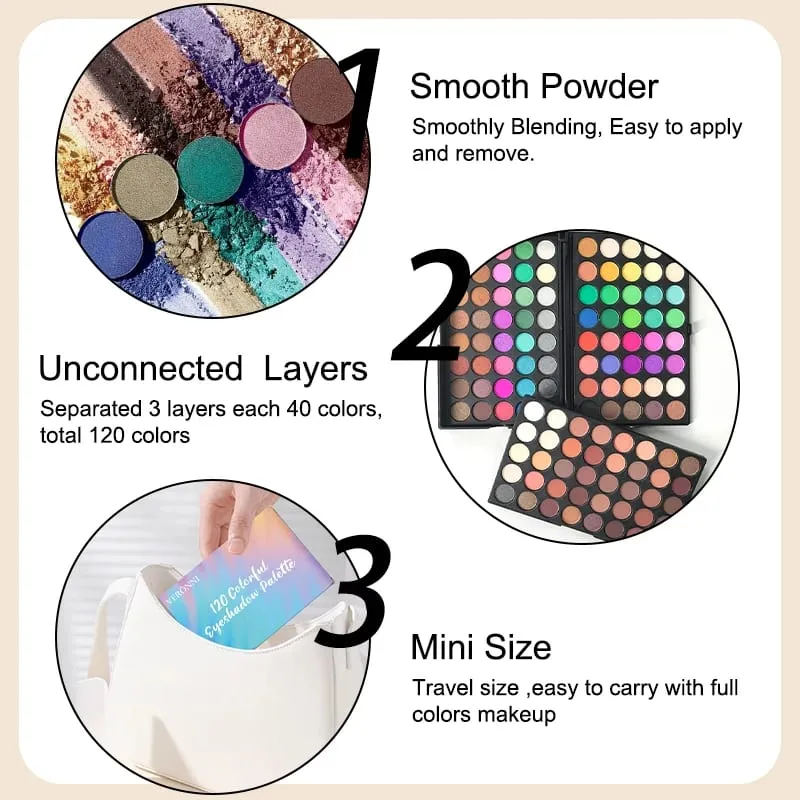3pcs Makeup Kit 120 Colors Eyeshadow Palette With 8Pcs Makeup Brushes & Foldable Silicone Brush Cleaning Bowl for Daily Parties