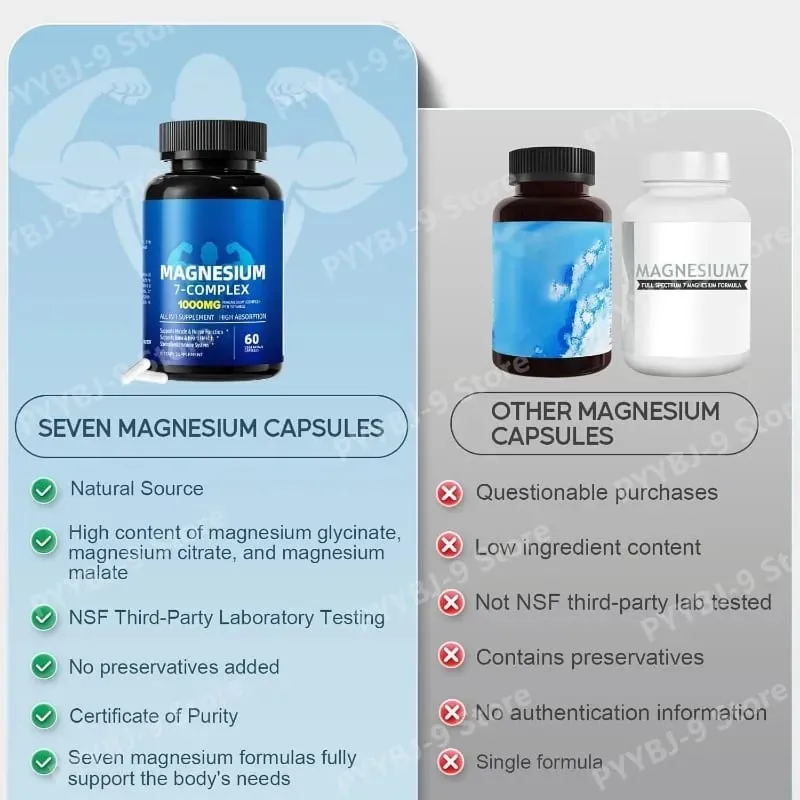 Magnesium-7-Komplex-Ergänzungsmittel mit Glycinat-Citrat-Malat-Chelat-Zink-Vitamin D3 B6 zur Linderung der Schlafmuskulatur, 60 Kapseln