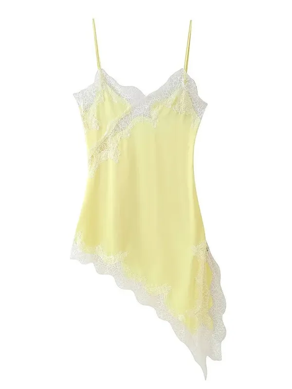 Bruin Satijn Kant Splicing Sling Jurk Vrouwen Elegante Onregelmatige Zoom V-hals Backless Mouwloze Jurk Chic Vrouwen Party Club vestidos