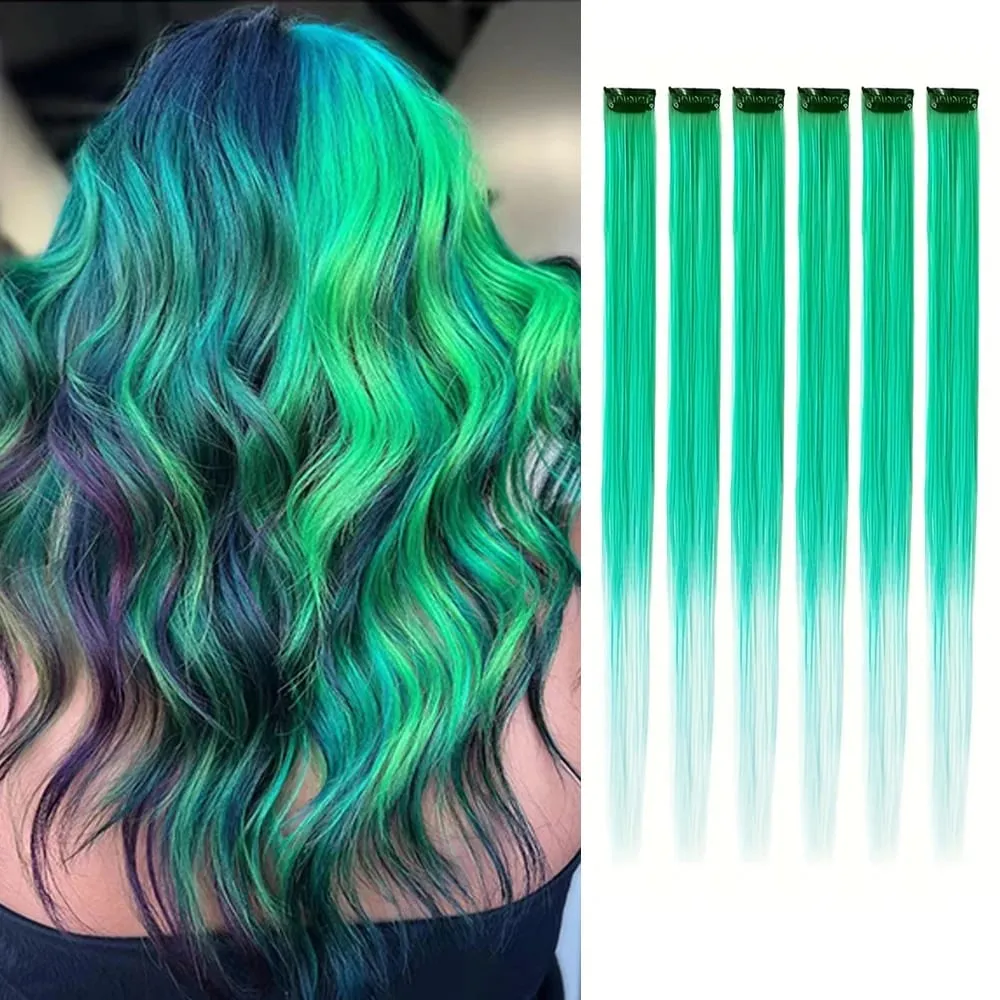 6pcs/pack Colored Party Highlights Clip in Hair Extensions 22 inches Multi-colors Straight Hair Synthetic Hairpieces