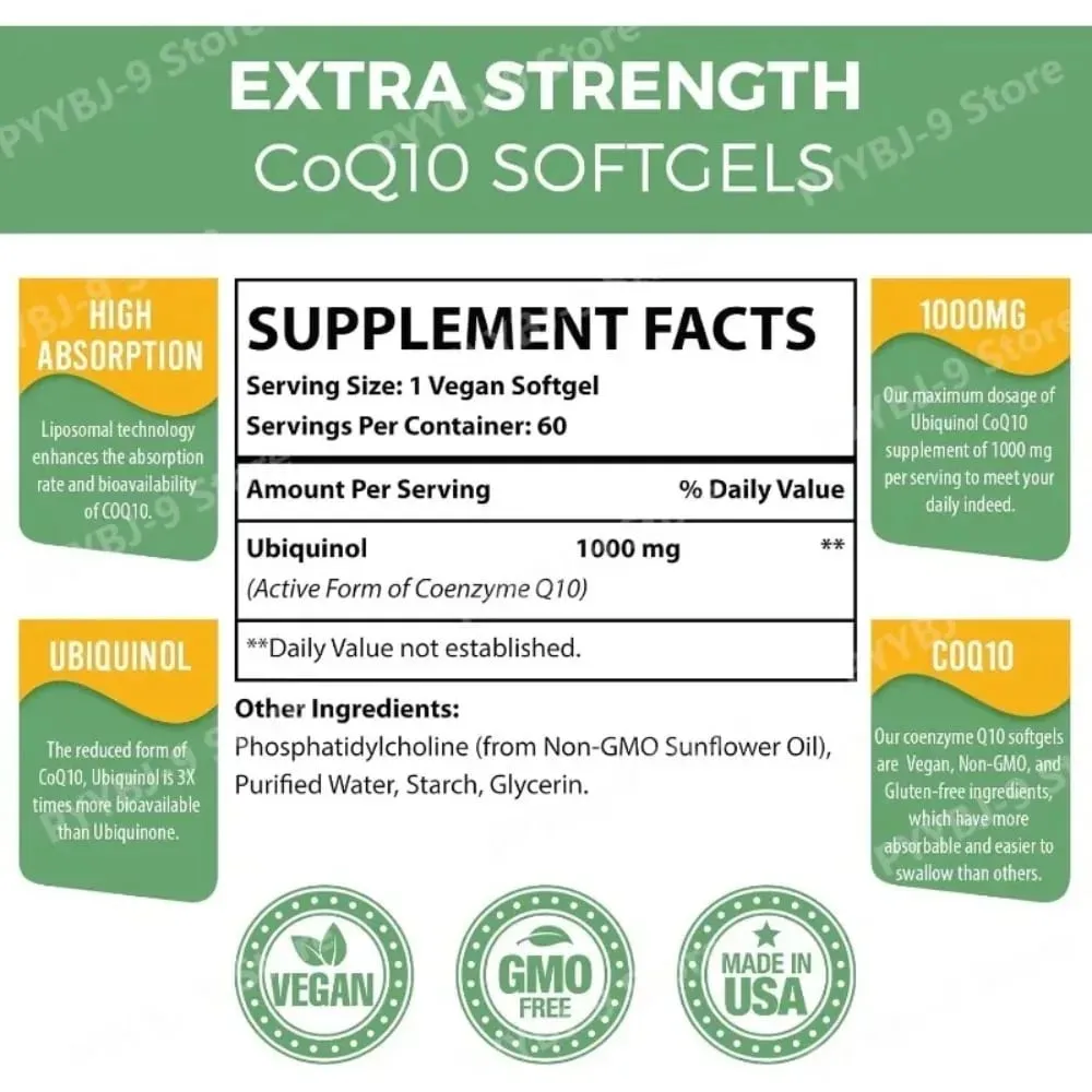 CoQ10 Ubichinol 1000 mg Wegańskie kapsułki żelowe 60 Ct Liposomalny koenzym Q10 o wysokiej absorpcji dla serca Energia Przeciwutleniacz Codzienne wsparcie