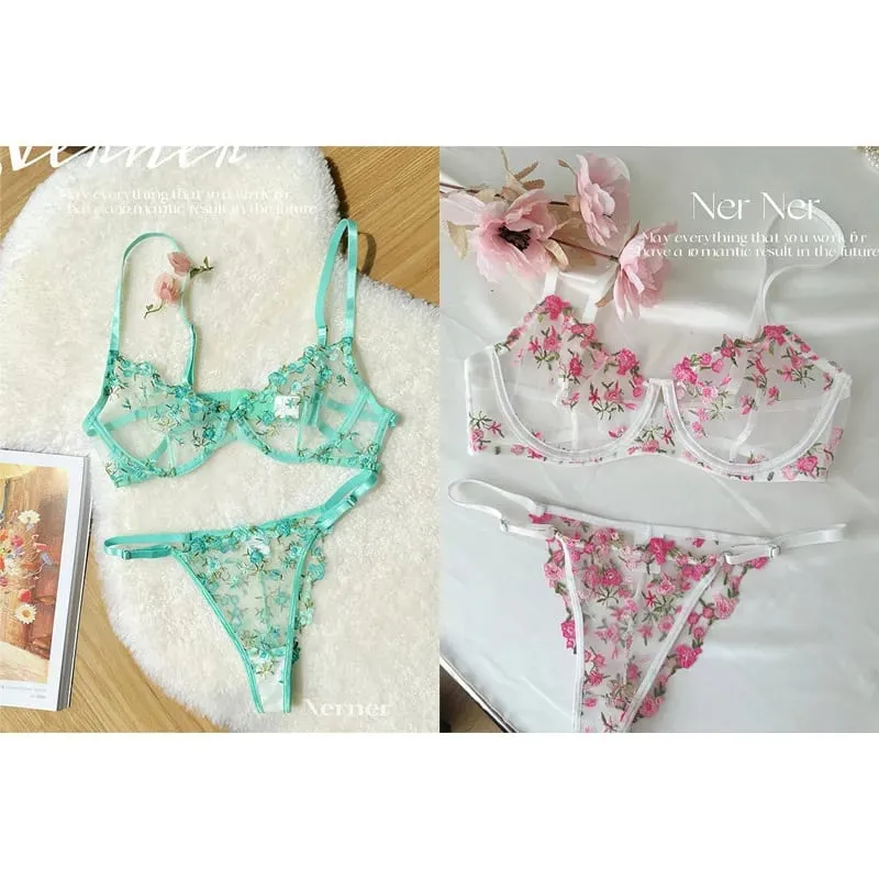 Korean Hot Lace Bra Set Floral Embroidery Transparent Mesh Ultra Thin Big Bust Modest Summer Ladies Daily Wear Underwear 32-38 — image 22