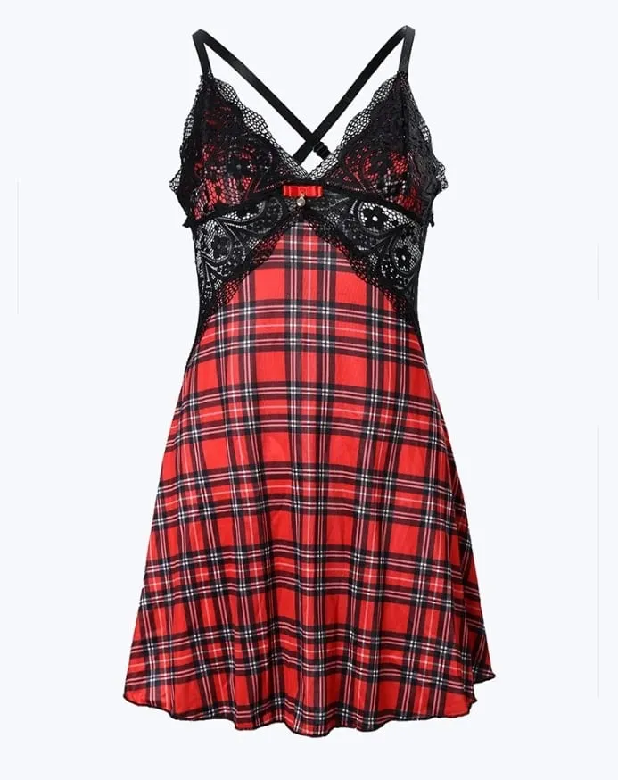 Womens Dresses 2024 여름 격자 무늬 인쇄 Crisscross Backless Sleep Dress 대비 레이스 플 런지 민소매 잠옷 잠옷