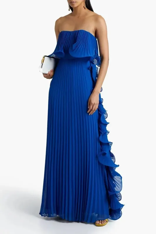Vestido de fiesta de verano para mujer, vestido largo formal de gasa plisado naranja, vestido de fiesta de playa sin tirantes con volantes hecho a medida