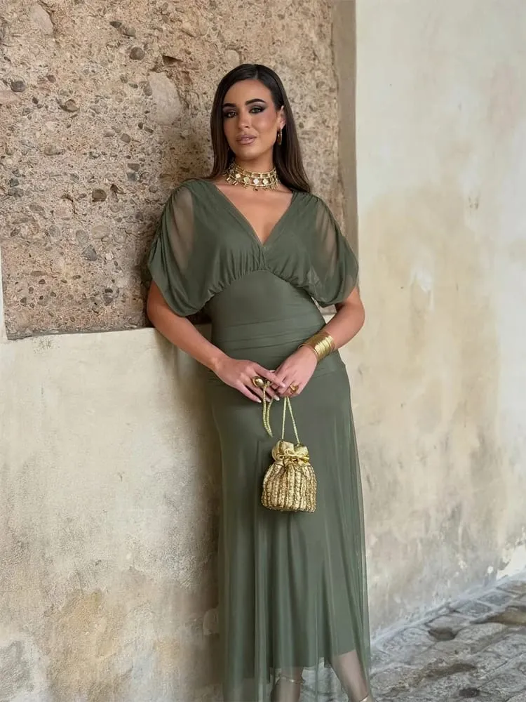 Kvinder Solid Dyb V-hals Mesh Lang Kjole Elegant Puff Kortærmet Rynket Talje Høj Vestidos 2026 Summer Lady Casual Street Robe
