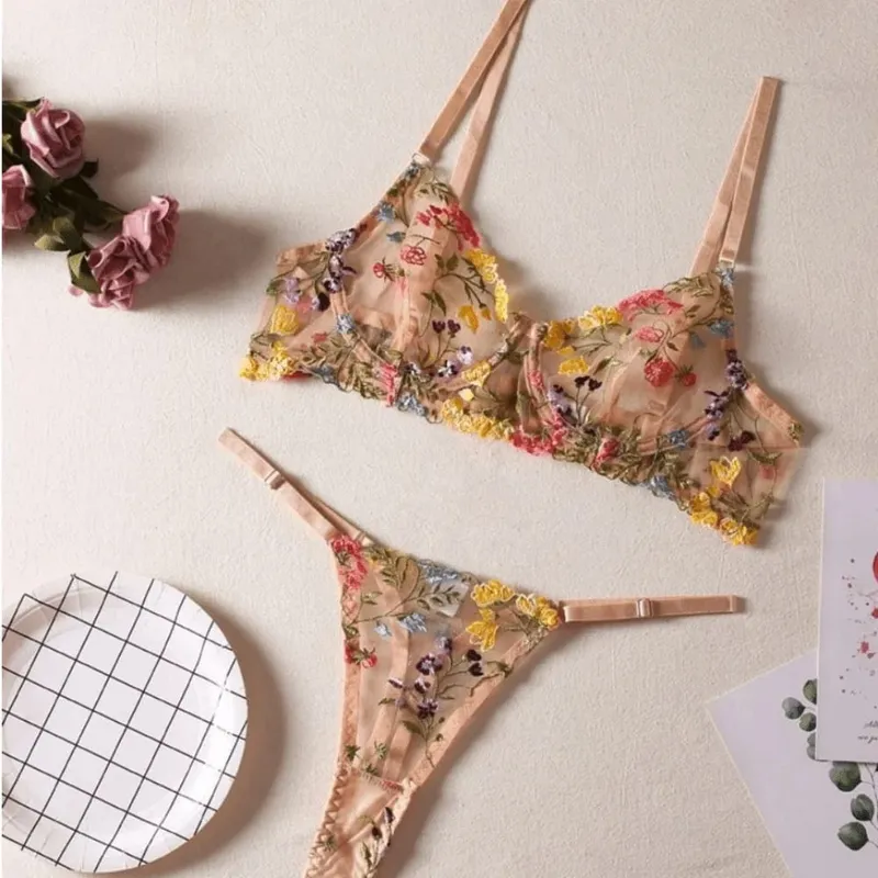 2-Piece Versatile Floral Lingerie Set Embroidery Sheer Boho Bra Panty Set Wireless Bra