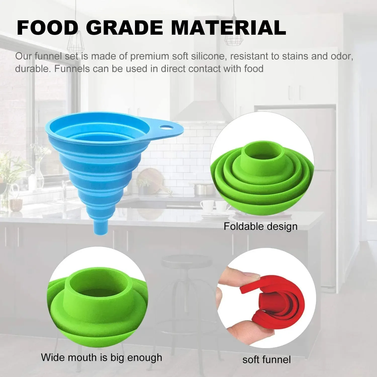 3 Pcs Silicone Collapsible Funnel Set Foldable Large Canning Jar Funnel for Wide Mouth and Regular Bottles Kitchen Use Filling