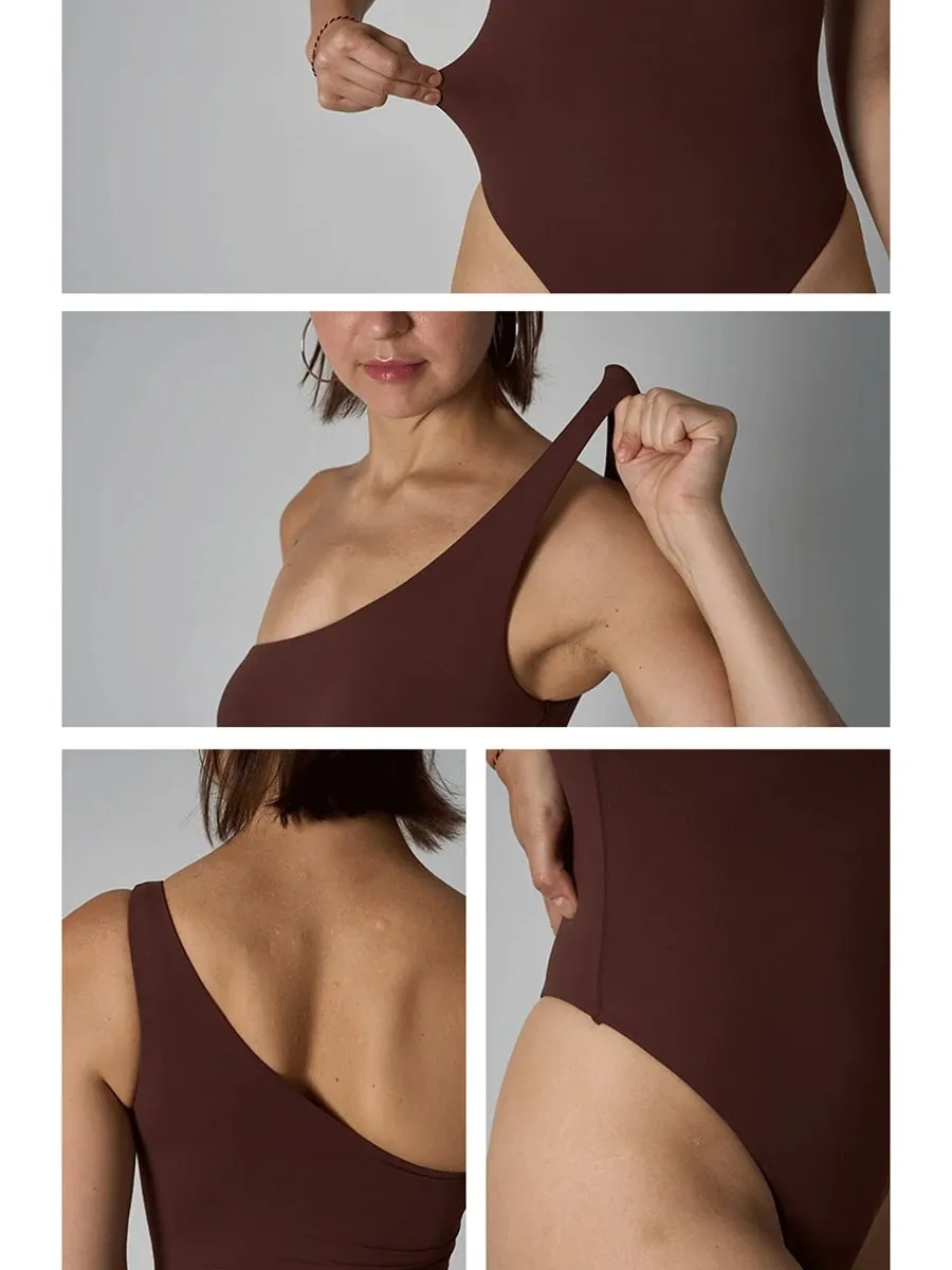 Diagonal Shoulder Jumpsuit Women's Solid High Elasticity Thin Shapewear Bodysuit Female Fashion Streetwear Slim Sports Underwear