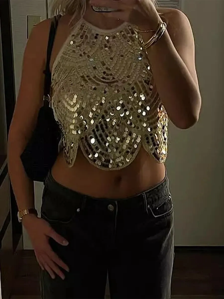 Sexig grimma paljettlinne för damer Backless Tie Up Sexig Sparkly Crop Top Ärmlös Glitter Party Toppar Klubbkläder