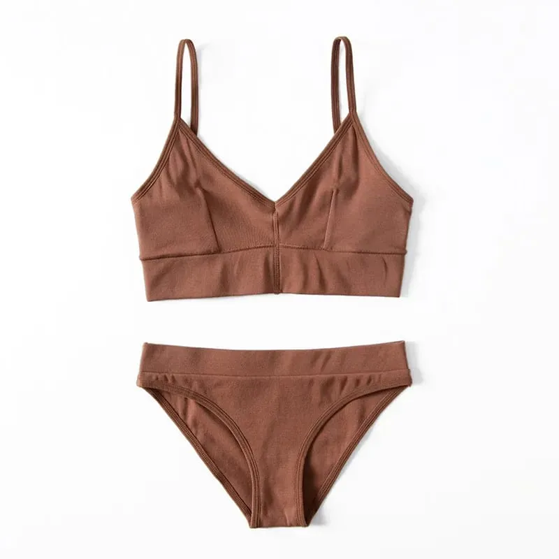 Women Lingerie Set V‑Neck Thin Strap Bra And Briefs Solid Color Soft Stretch Underwear Sleepwear