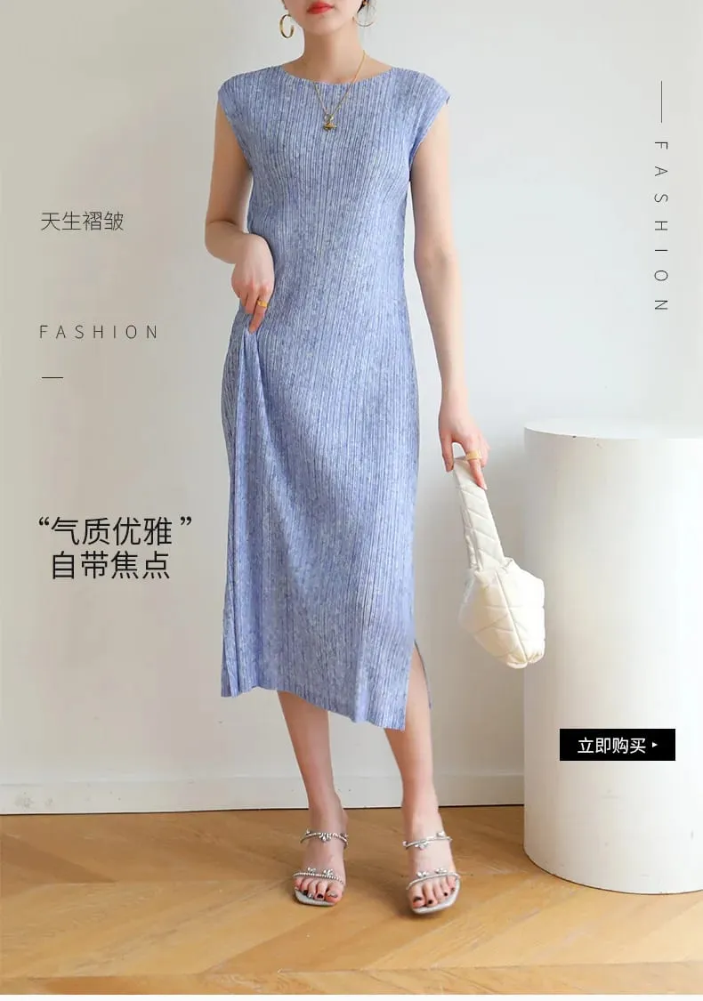 Miyake Pleated Solid Color Sleeveless Dress 2025 Summer New Draped Floral Print Temperament Commuter Casual Fashion Dresses