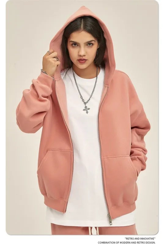 New Men Double Headed Zipper Fleece Hoodies Unisex Loose Basic Solid Warm Hooded Sweatshirts Coats For Winter HY0633